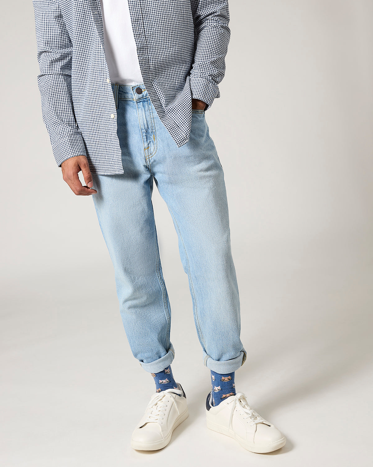 Men's Cat Face Cashmere Crew Socks : Color: Denim Heather