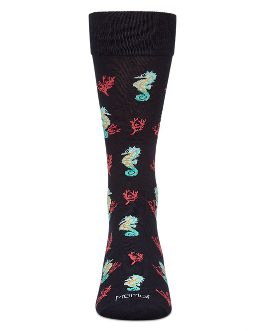 Men`s Seahorses Rayon from Bamboo Crew Socks : Color: Navy