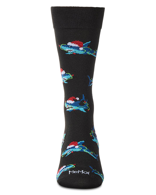 Men's "Santa Shark" Christmas Holiday Novelty Crew Sock : Color: Black