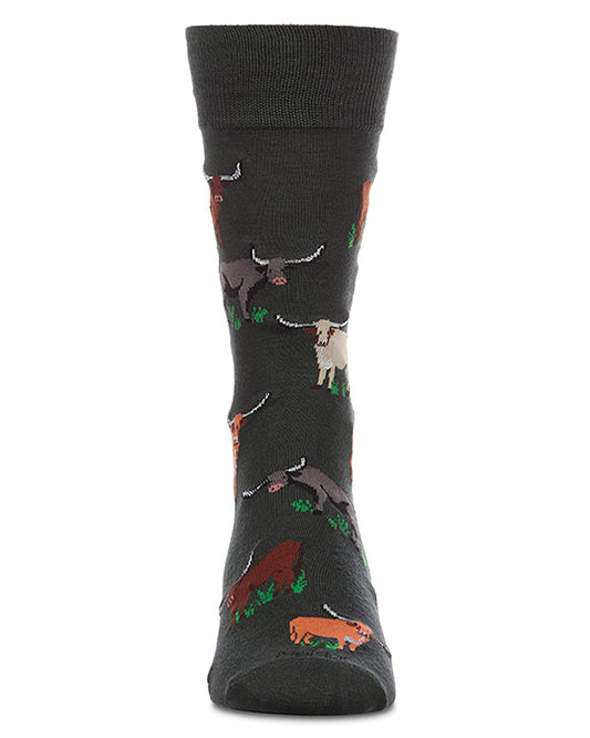 Men's Longhorn-Themed Rayon-Blend Fine-Gauge Novelty Crew Sock