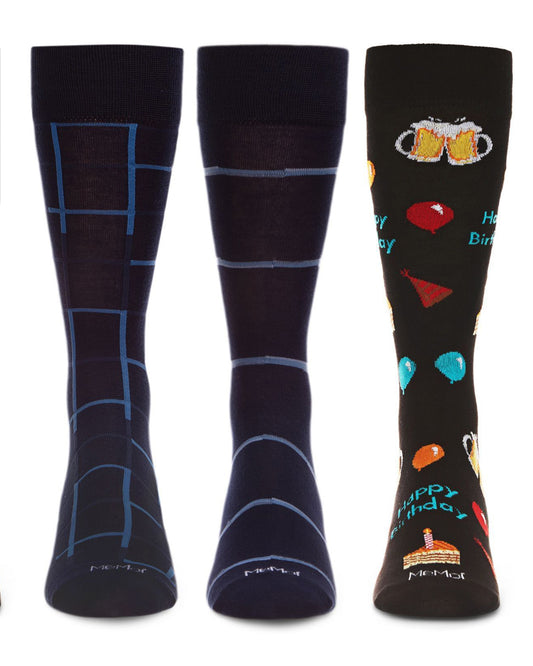 Men's 3 Pair Pack Novelty Happy Birthday Crew Socks : Color: Gray-Black