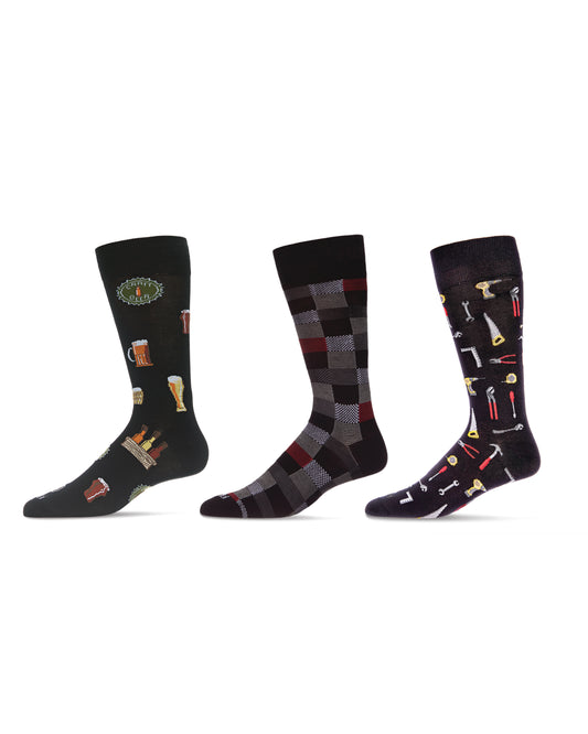 3 Pair Men's Rayon-Rich Novelty Dress Crew Socks, Assorted Patterns