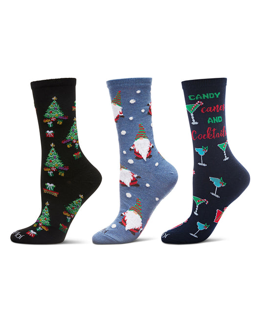 Women's 3 Pair Pack Christmas Holiday Cheer Crew Socks : Color: Blue