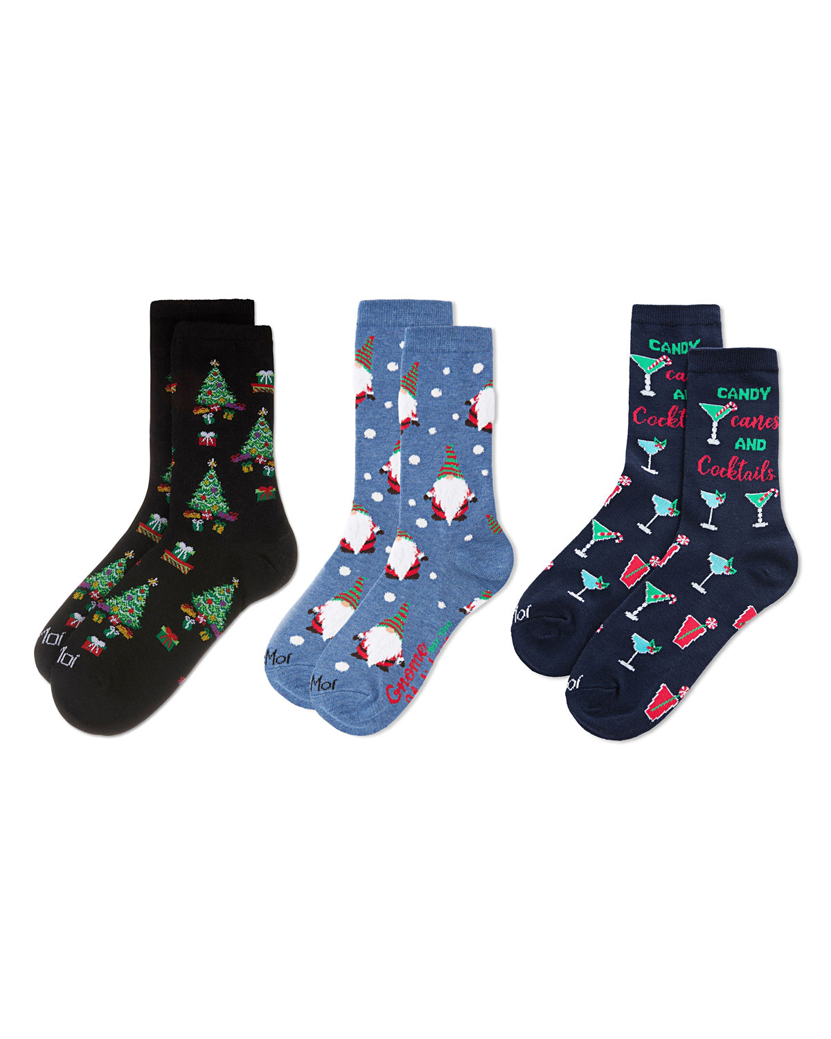 Women's 3 Pair Pack Christmas Holiday Cheer Crew Socks : Color: Black