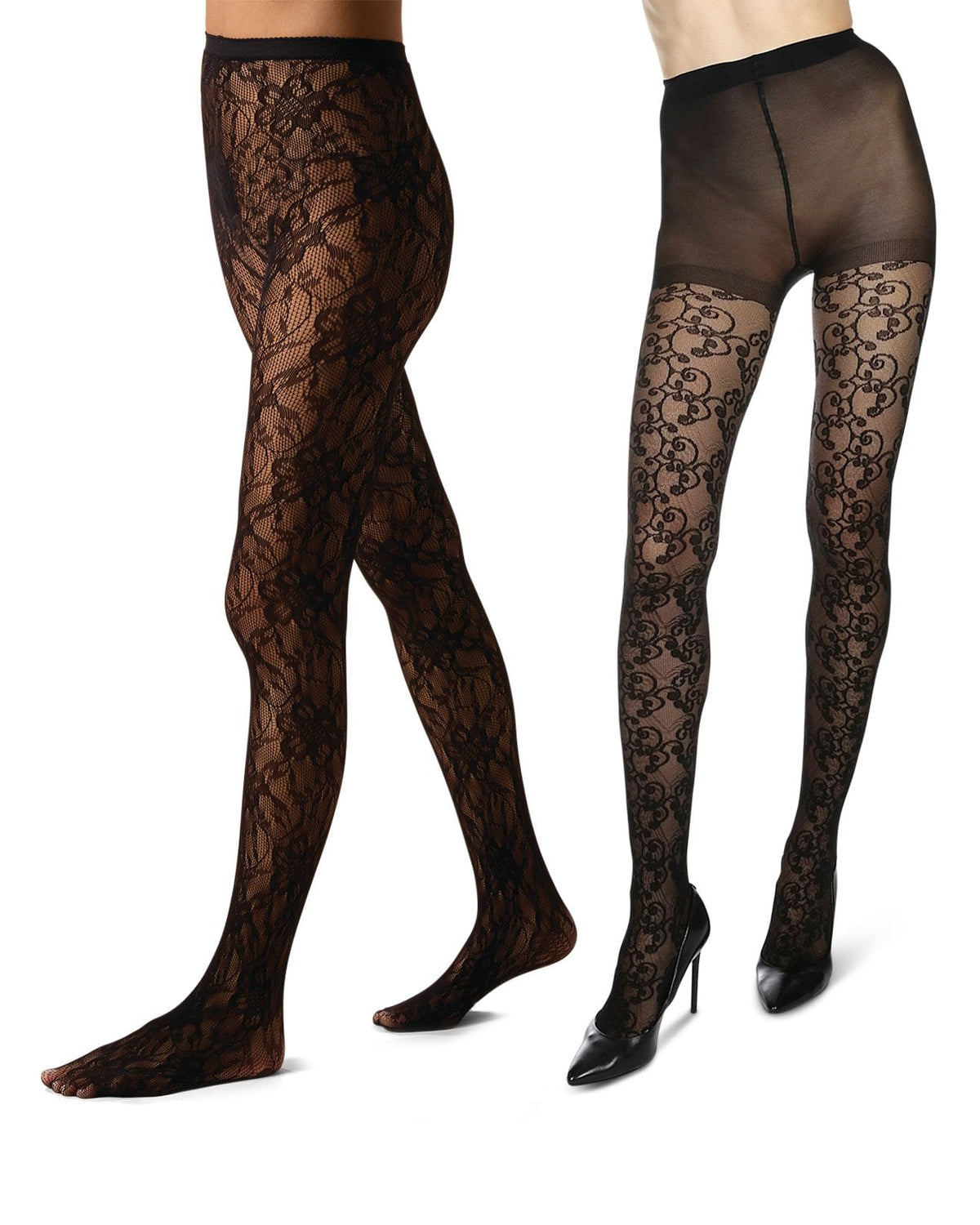 2 Pair Women's Floral & Swirl Lace-Patterned Fashion Tights