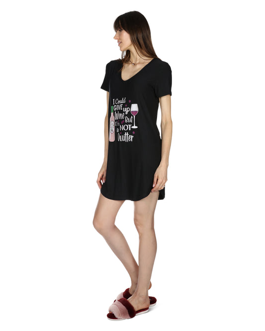 Women's I Could Give Up Wine But I'm Not A Quitter V-Neck Sleepshirt : Color: Black