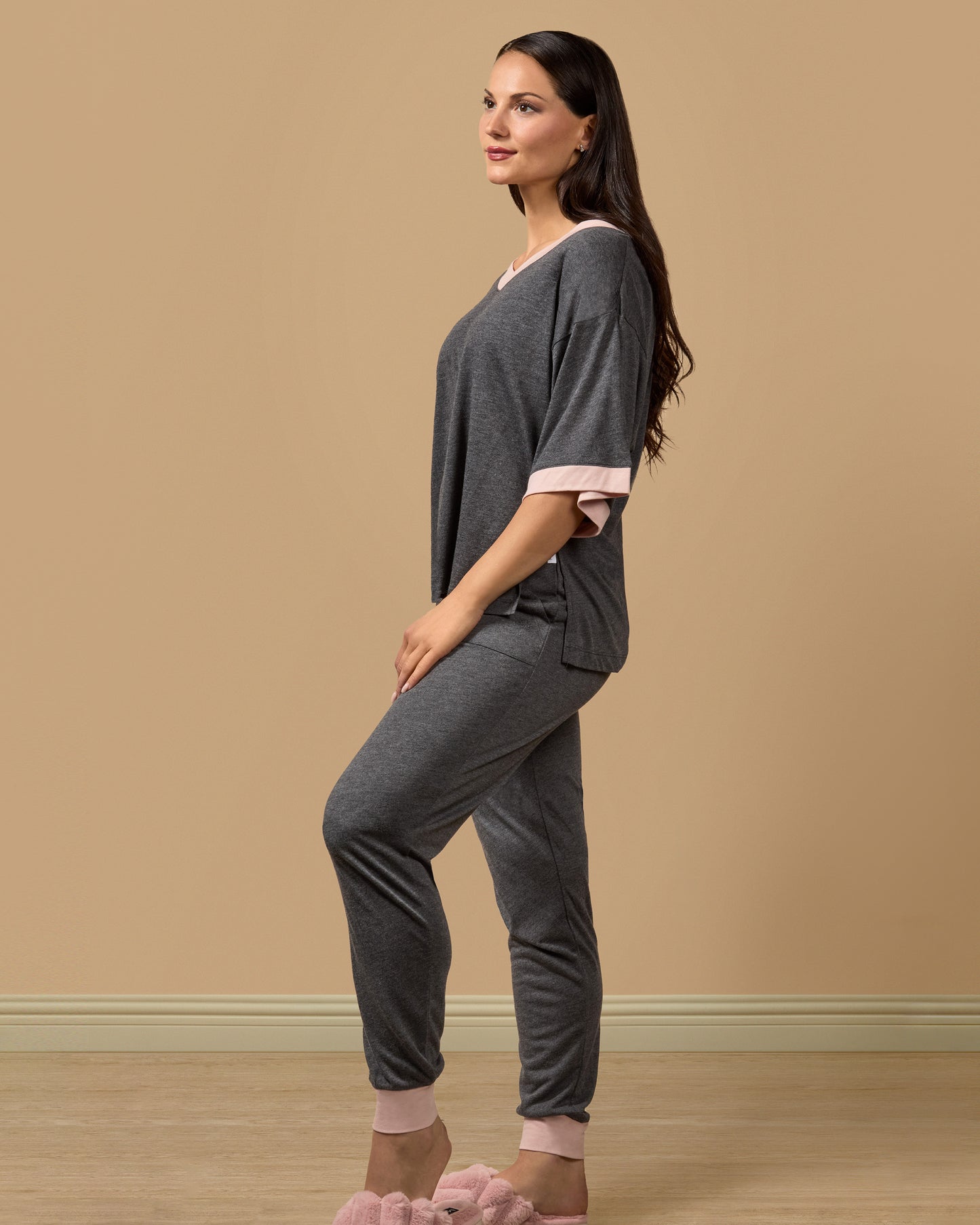 Women's Contrast Trim Loose Fit Modal Short Sleeve and Pants Set