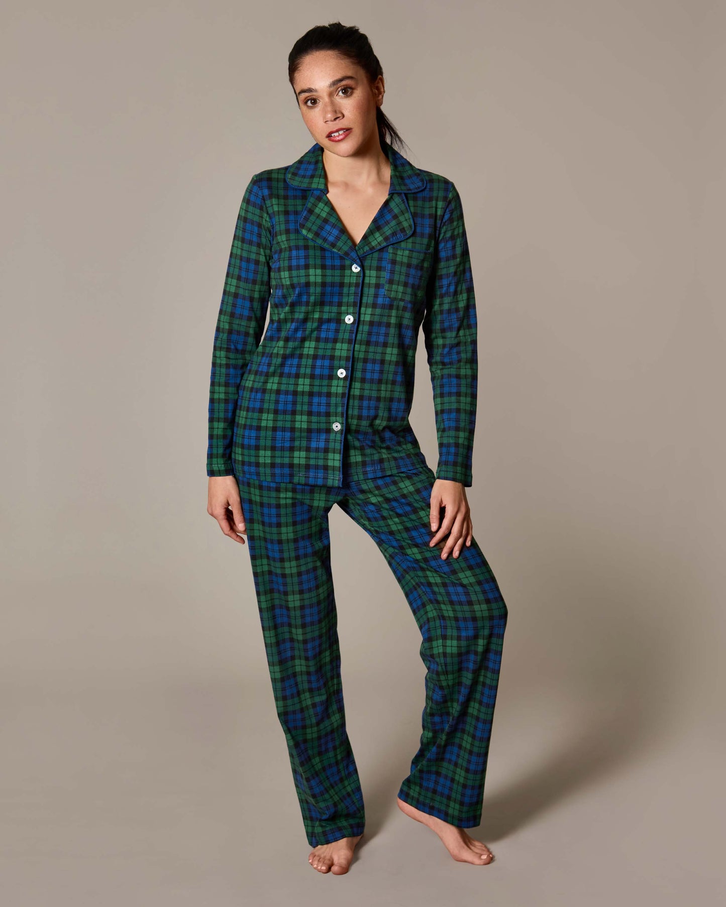 2 Piece Women's Plaid Cotton-Blend Notch-Collar Button-Down Pajama Set In a Bag
