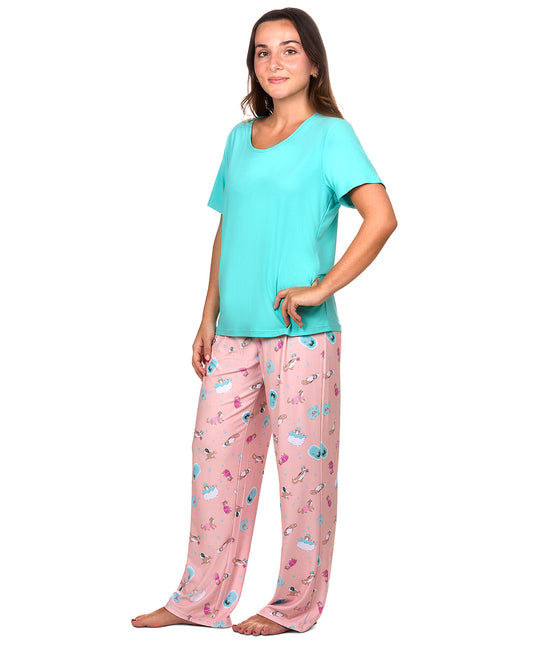 Women's Spa Kitty Two Piece PJ Set In A Bag : Color: Peachy