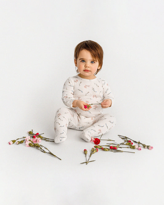 Baby and Toddler Girls Mini-Ribbed 100% Cotton Floral Footie with Foldover Hand Covers : Color: Winter White