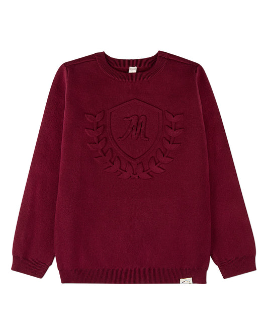 Boys 100% Cotton Knit Pullover Crewneck Sweater with Embossed 3D Crest