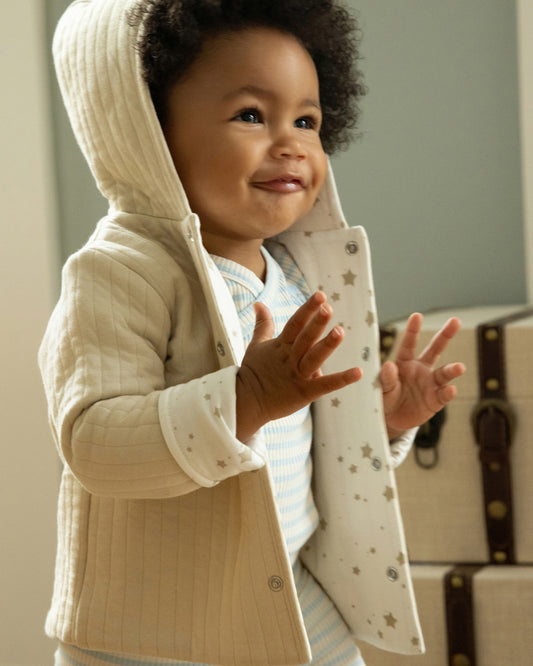 Baby and Toddler Unisex Hooded Reversible Cotton Rich Star-Print / Quilted Jacket : Color: Oatmeal-Winter White