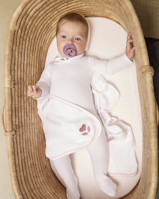 Baby and Toddler Girls 100% Pima Cotton Footie with Heart-Embroidered Peter Pan Collar : Color: Winter White