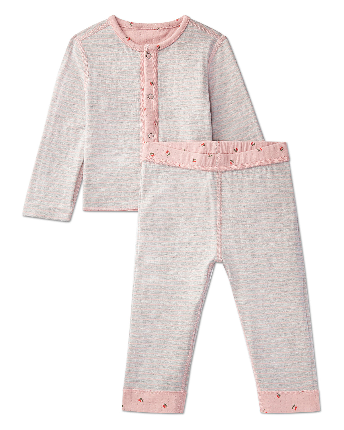 2 Piece Baby and Toddler Girls Reversible "Sweet Cherry" 100% Cotton Pointelle Snap-Up Top and Pants Set : Color: Pink