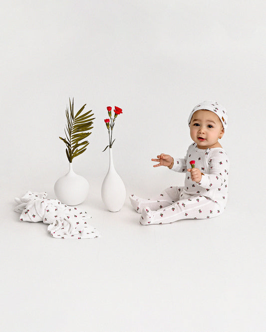 3 Piece Baby Girls "Flower Bud" Ribbed Cotton Rich Footie Set : Color: Winter White