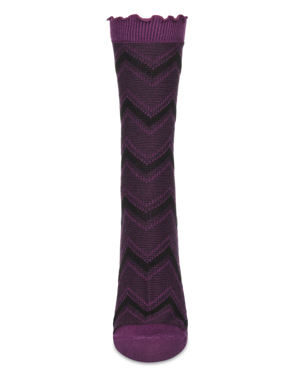 Women's Zig Zag Ruffle Top Cotton Blend Crew Sock : Color: Blackberry Cordial