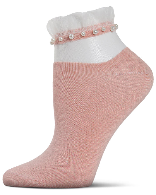 Women's Sheer Ruffle Cuff Faux Pearl Anklet Sock : Color: Peach Whip