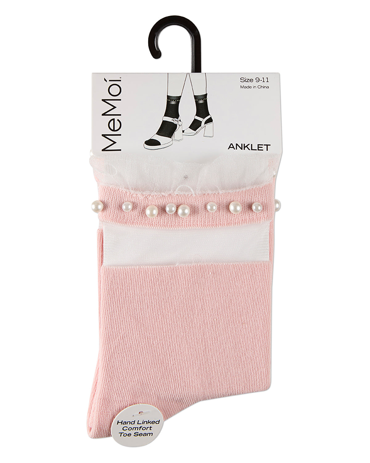 Packaged pink ankle socks with pearl details on a white background