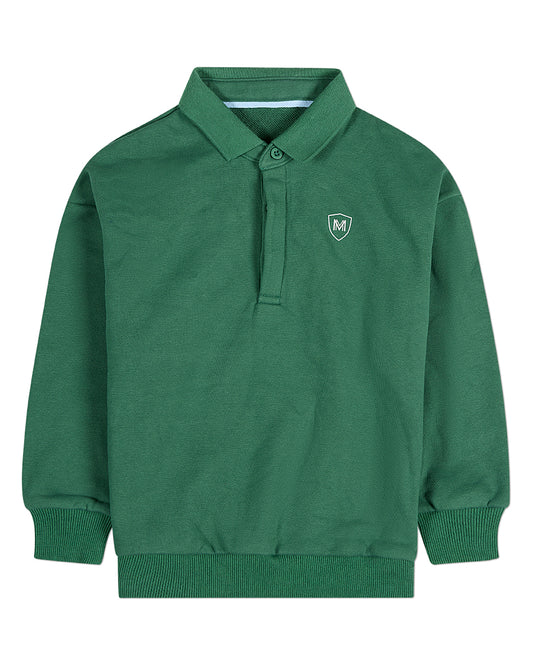 Green long-sleeve polo shirt with a logo on a white background