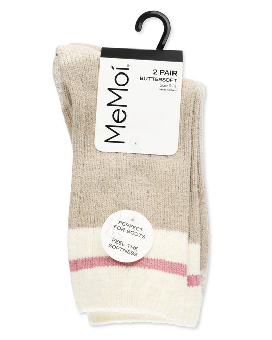 Women's 2 Pair Pack Rugby Stripes Buttersoft Crew Socks : Color: Cobble Stone