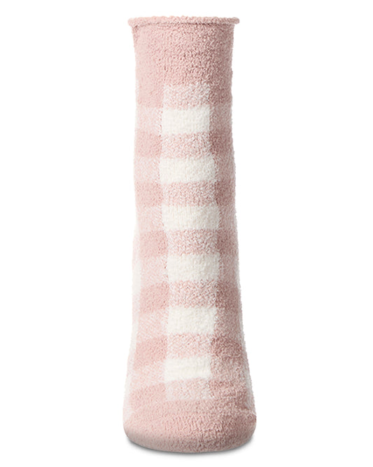 Women's Gingham Plaid Roll Top SuperSoft Cozy Crew Sock : Color: Rose