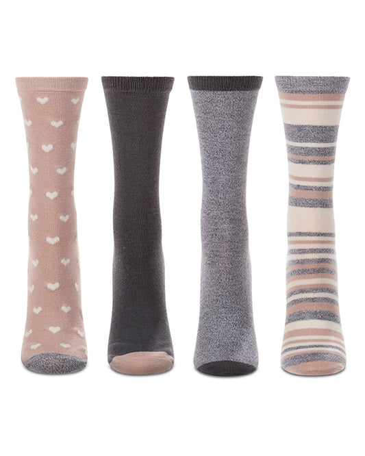 4 Pair Women's Buttersoft Crew Socks - Pindot Hearts, Stripes, Solids