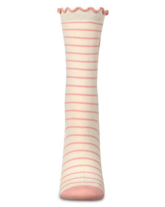 Women's Embroidered Heart Striped Crew Socks : Color: Ivory