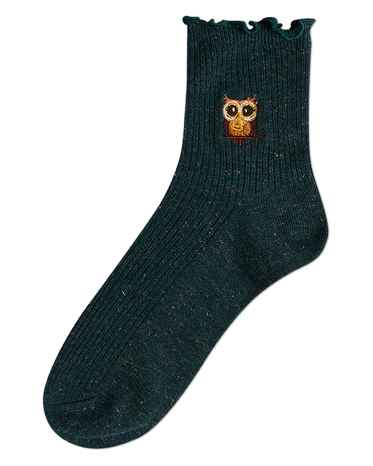Women's Ribbed Cotton Blend Lettuce Edge Embroidered Owl Crew Sock : Color: Teal