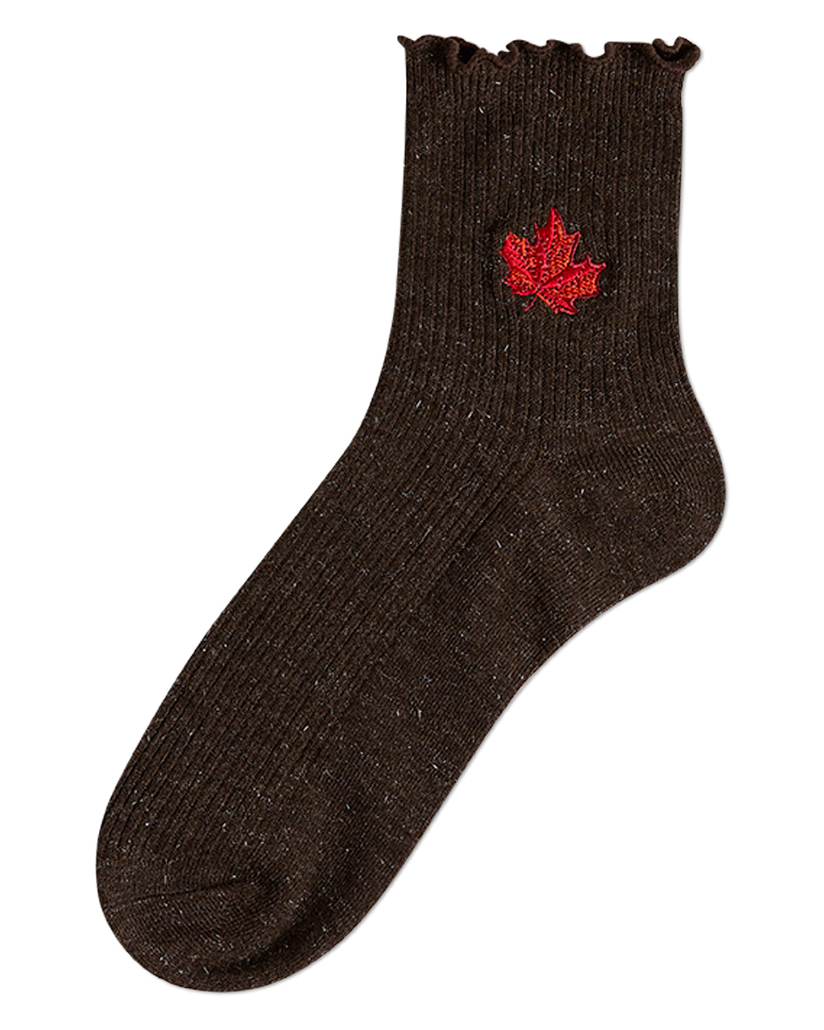 Women's Sparkly Ribbed Lettuce Edge Embroidered Leaf Crew Sock : Color: Java
