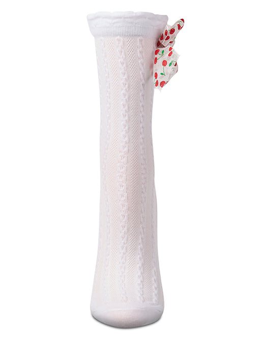 Women's Cable-Knit Cotton-Rich Crew Sock with Cherry-Print Bow
