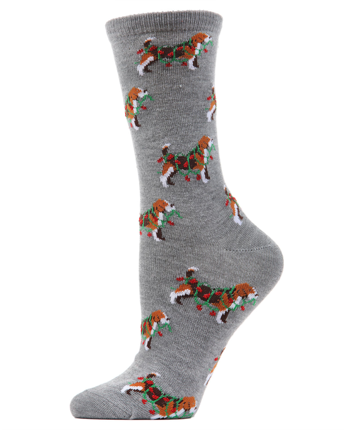 Women's "Dog with Christmas Lights" Novelty Crew Socks : Color: Med Gray Heather