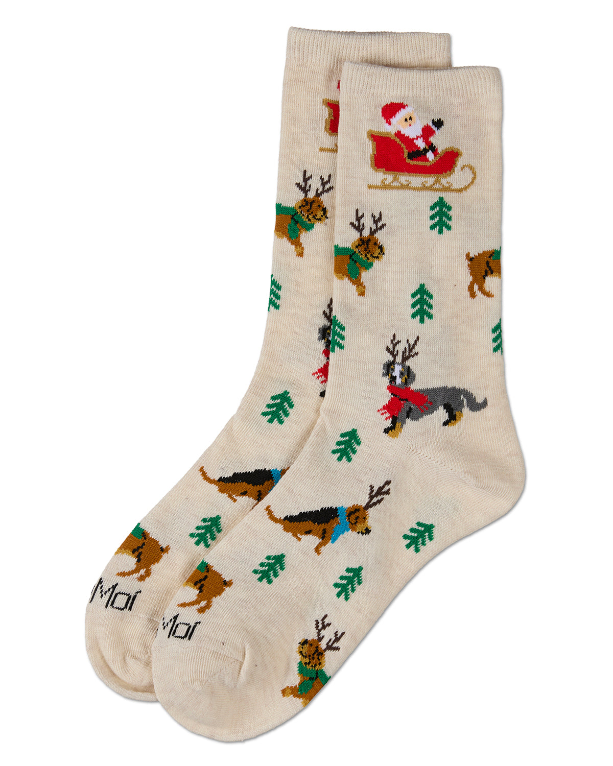 Women's Reindeer Pups Holiday Crew Socks : Color: Ivory Heather