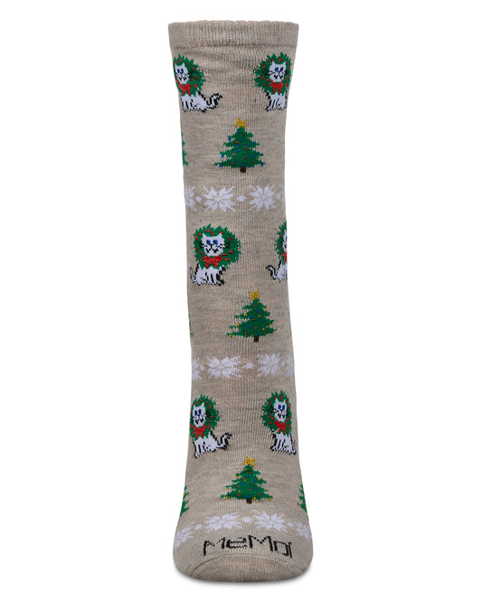Women's Fair Isle Cat Holiday Crew Socks : Color: Oatmeal Heather
