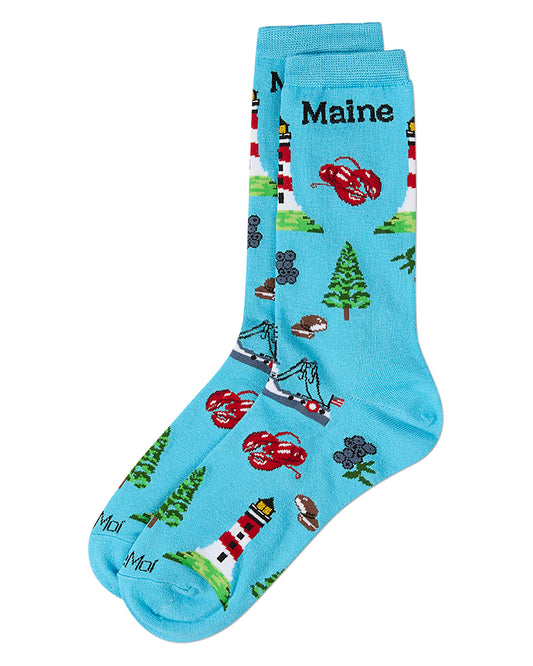 Women's Maine Themed Rayon Blend Novelty Crew Sock : Color: Blue Grotto