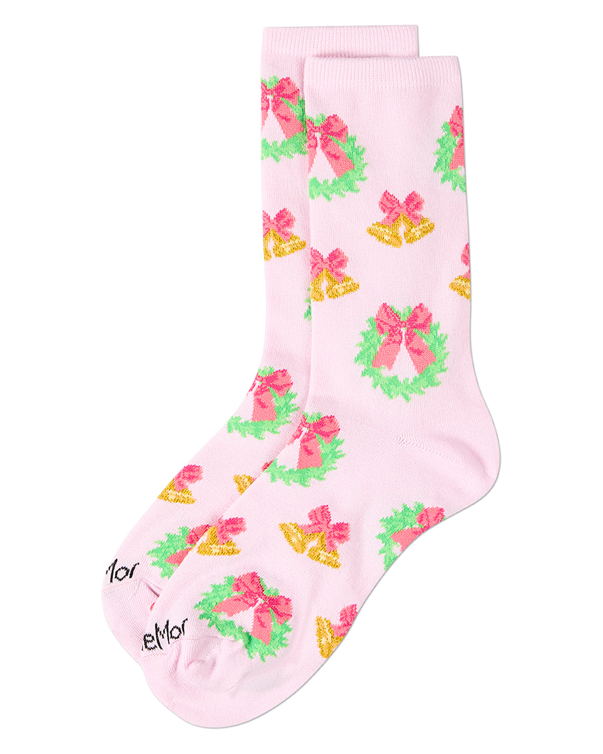 Women's "Bells N Bows" Christmas Holiday Novelty Crew Sock : Color: Powder Pink