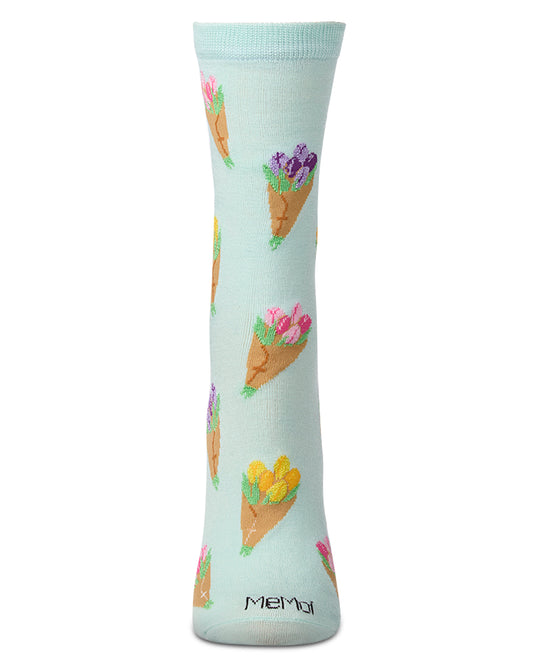 Women's "Tulip Bouquets" Rayon-Blend Novelty Crew Sock