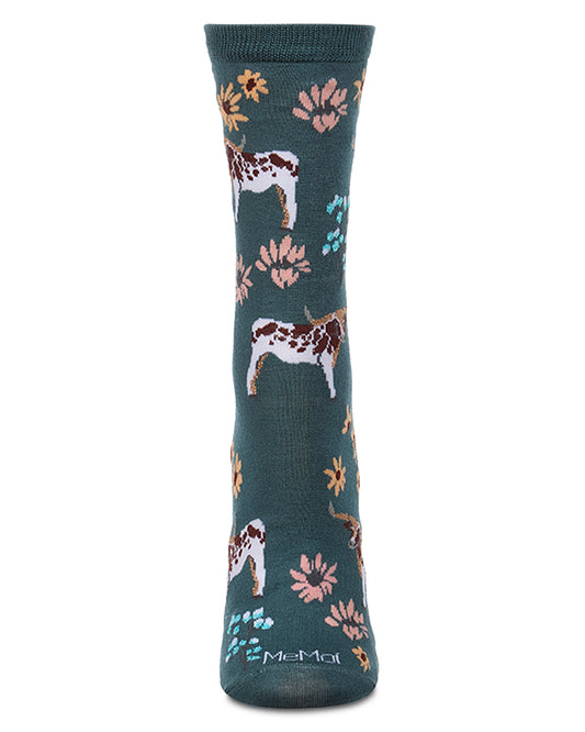 Women's "Longhorn Meadow" Rayon-Blend Fine-Gauge Novelty Crew Sock