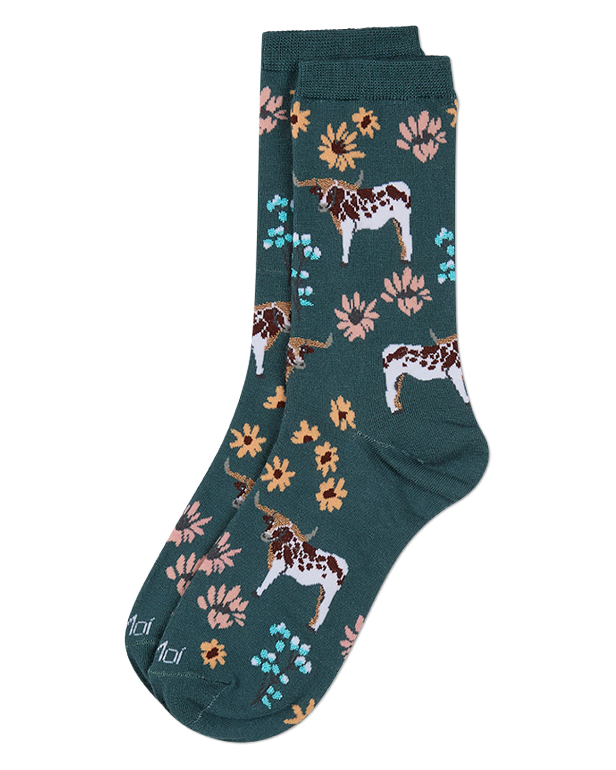Women's "Longhorn Meadow" Rayon-Blend Fine-Gauge Novelty Crew Sock