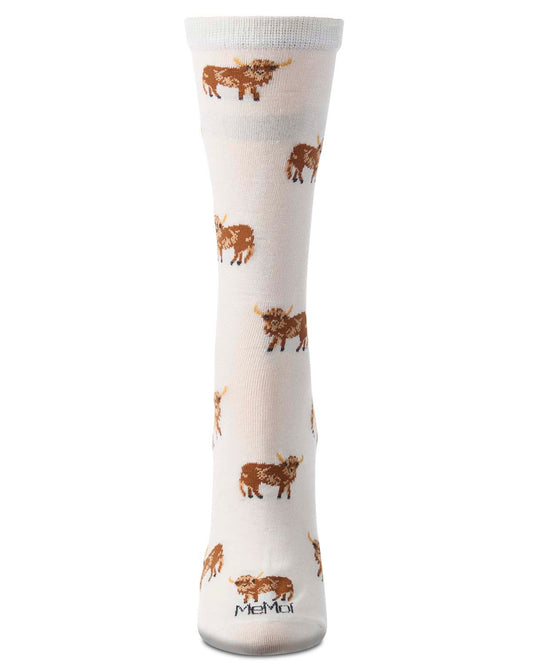 Women's "Highland Cow" Rayon-Blend Fine-Gauge Novelty Crew Sock