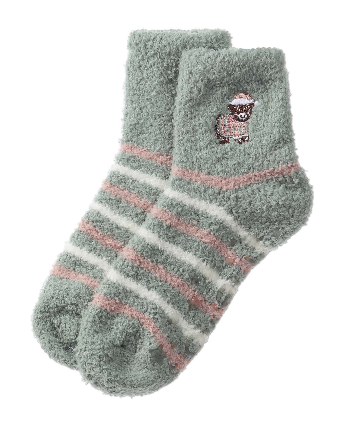 Women's "Highland Cow" Embroidered Plush Non-Skid Cozy Crew Sock