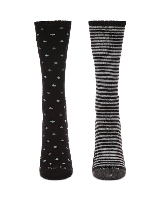 2 Pair Diabetic Dots/Stripes Half Cushion Crew Socks : Color: Black