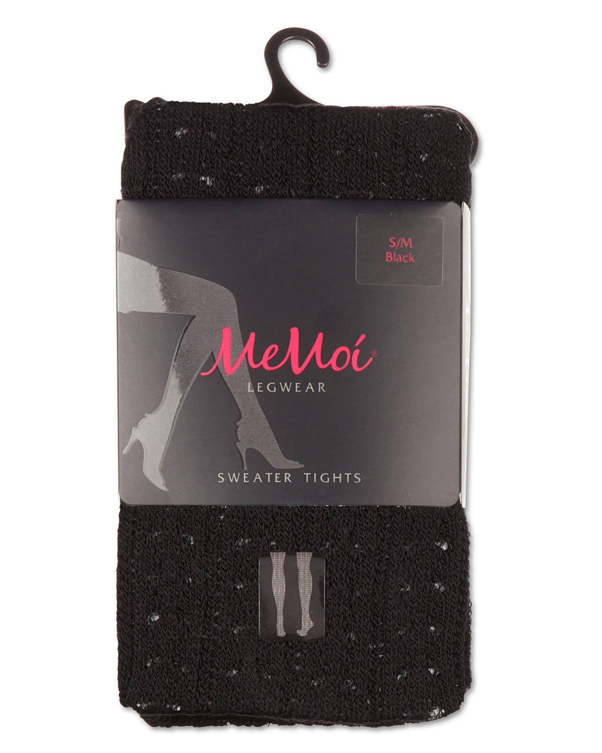 A package of MeMoi Legwear black sweater tights with a hanger, featuring a dark gray paper label with pink script branding and a small '5 IN 1 Black' label.