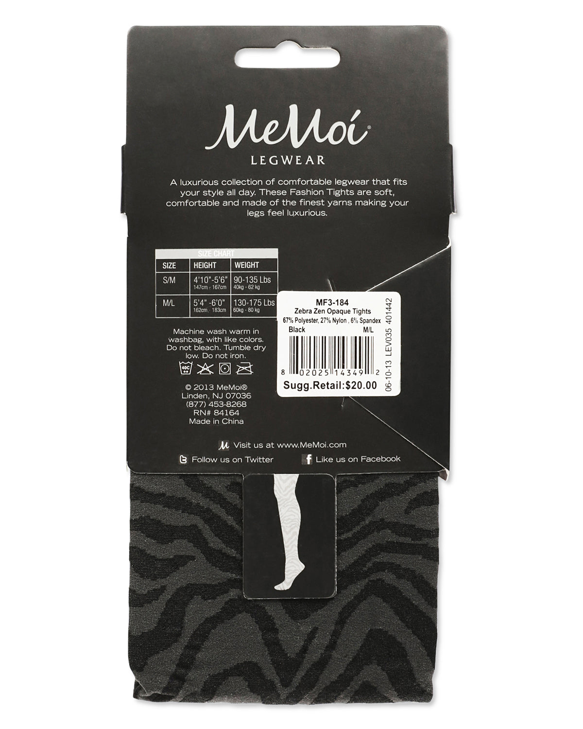 Women's Zebra Zen Opaque Nylon Tights : Color: Black