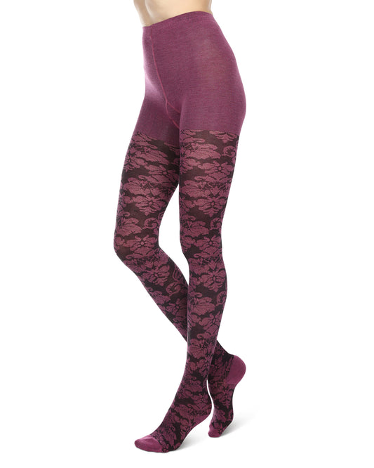 Women's Floral Paisley Patterned Sweater Tights : Color: Fuchsia Heather
