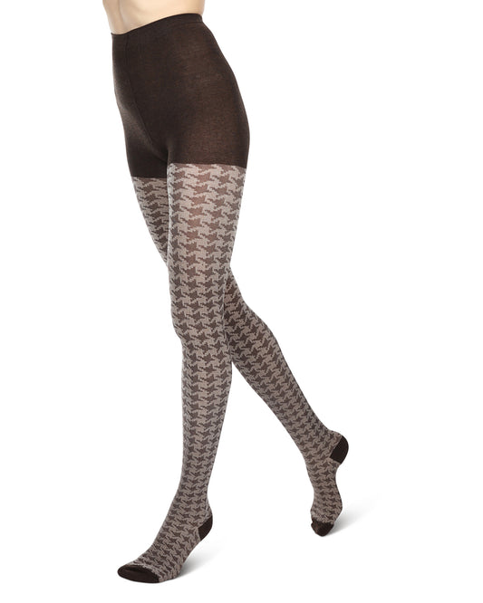 Houndstooth Patterned Cotton Blend Sweater Tights : Color: Brown Heather