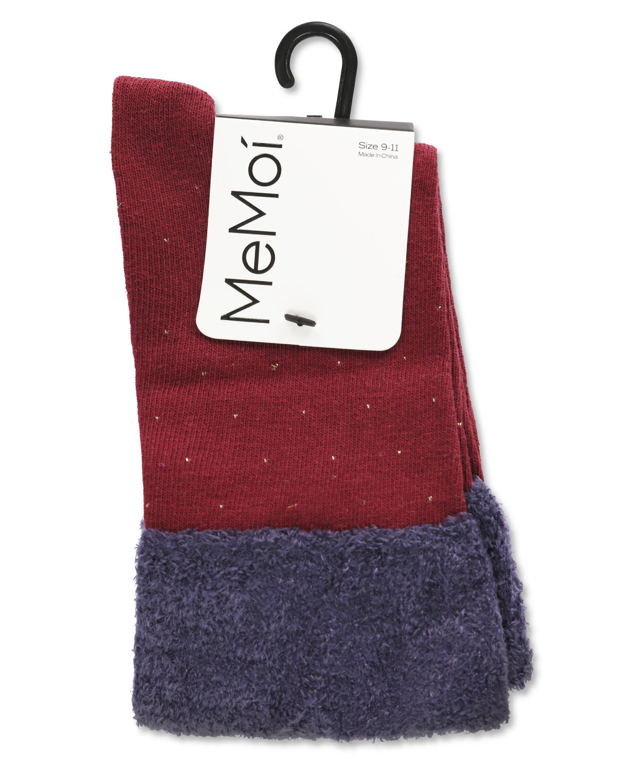 Costelle Pindot Fuzzy Cuff Cotton Blend Crew Socks : Color: Burgundy