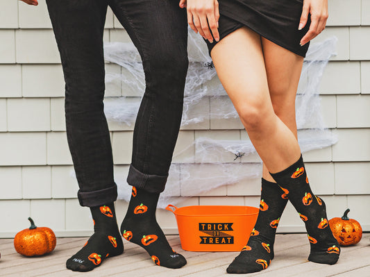 Women's Pumpkin Stache Halloween Crew Socks : Color: Black