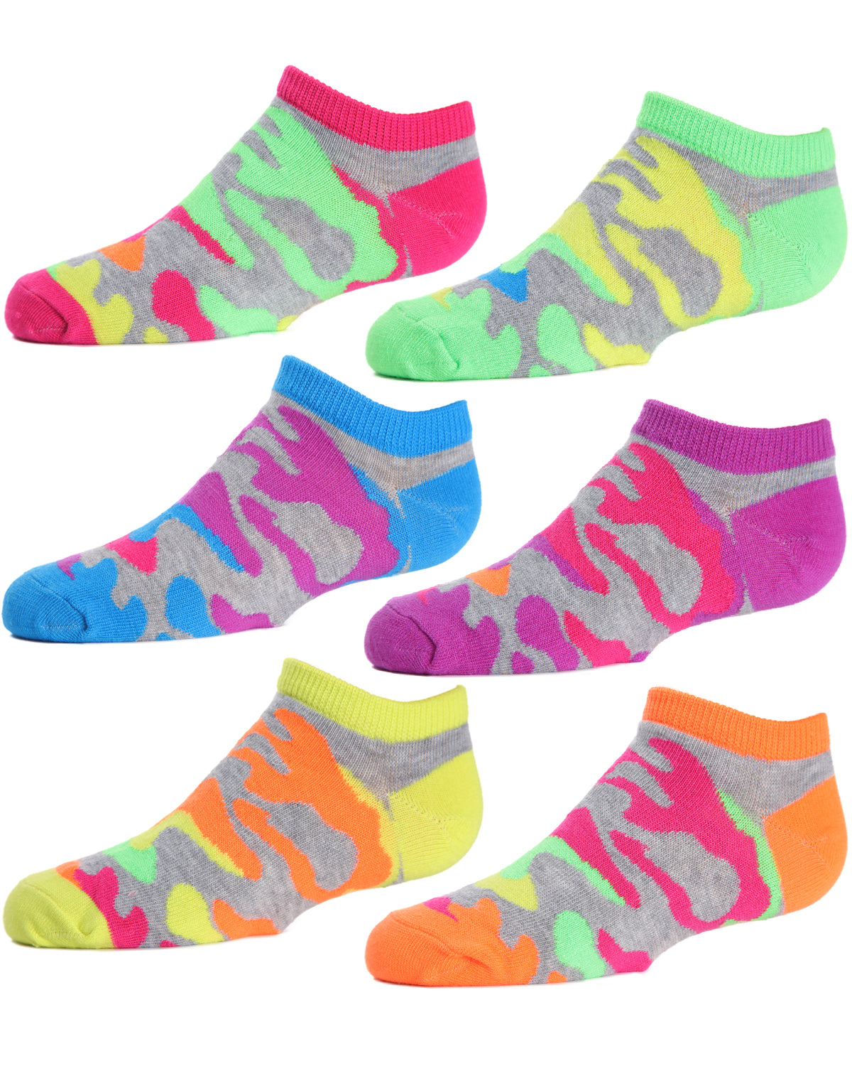 6 Pair Girls Camo Rib-Trim Low Cut Socks, Assorted Camouflage Prints