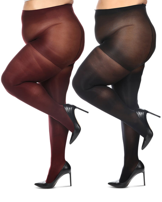 Women's Curvy 2 Pair Pack Solid Control Top Tights : Color: Wine-Black