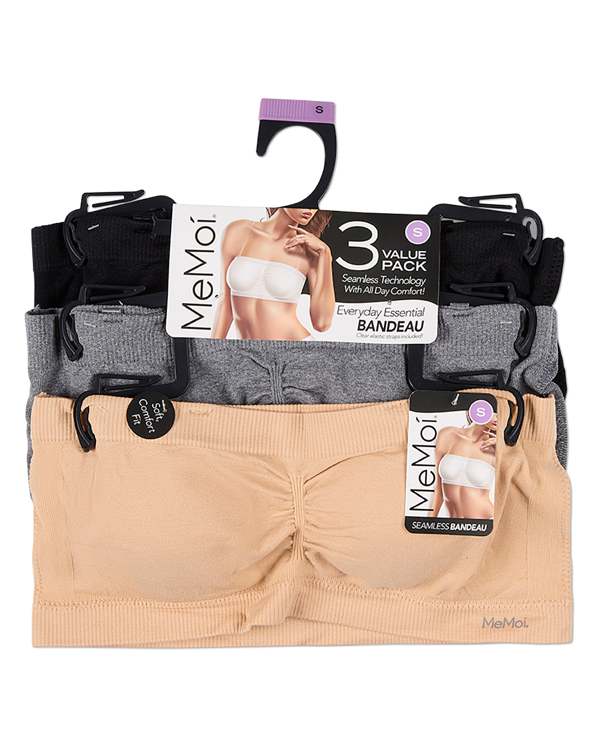 3 Pack Women's Seamless Bandeau Bras with Clear Elastic Straps